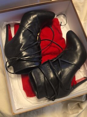 Christian Louboutin Black Lace-Up Pointed Ankle Boots